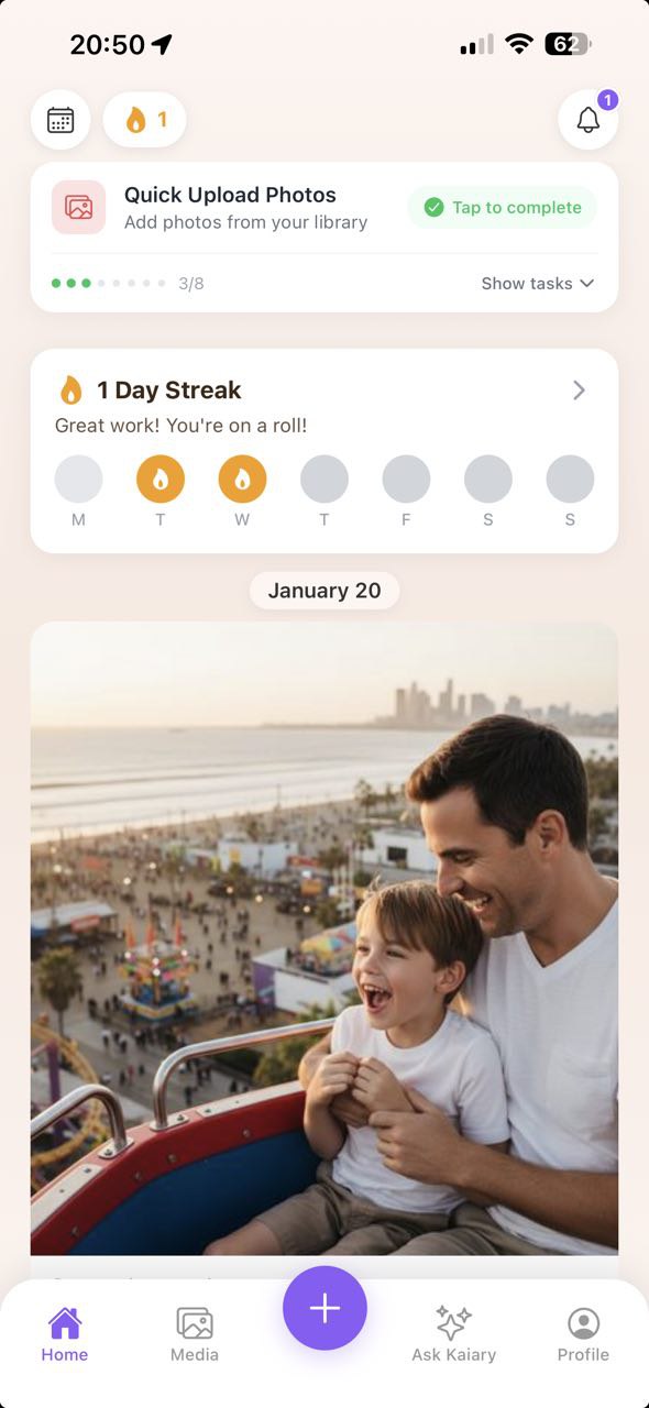 Kaiary app showing a family journal entry