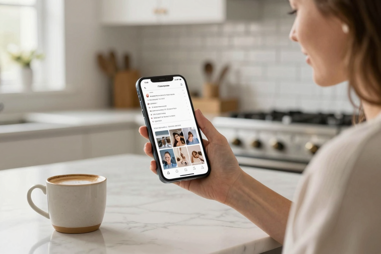 Woman holding phone showing AI-captioned family photos