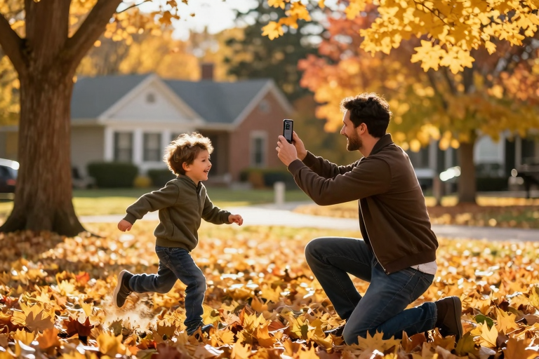 Father photographing child playing in autumn park