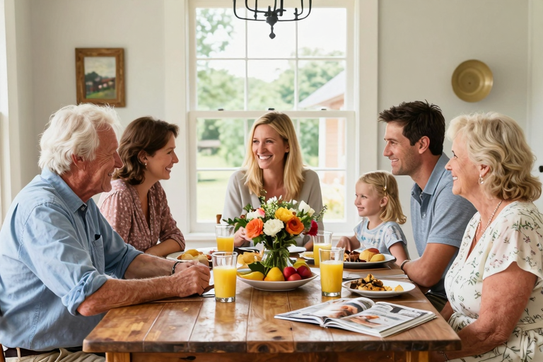 Multi-generational family gathered around dining table