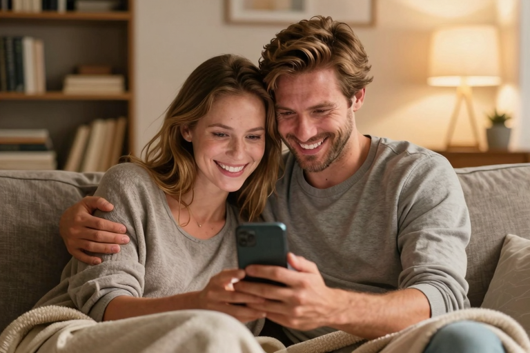 Couple on couch smiling at phone, reminiscing about memories