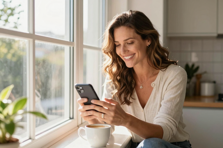 Woman smiling at phone with morning coffee by sunny window